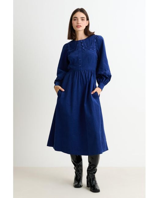 Louche Blue Prudence Babycord Big Collar Ric Rac Trim Midi Dress