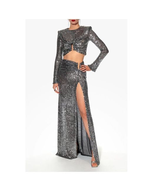 AGGI by HALEWSKI Gray Meg Diamond Sequined Crop Top With Long Sleeves