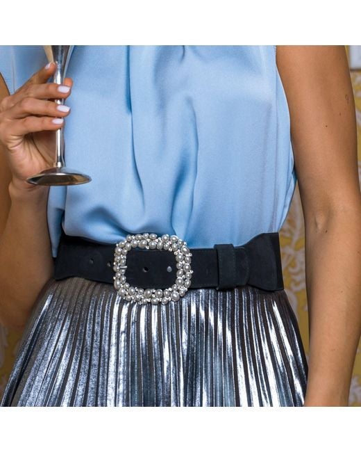 Peachy Belts Ltd Black Stretch Elasticated Suede Waist Belt And Detachable Pearl Spangle Buckle