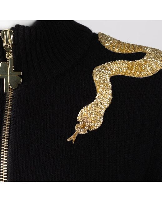 House of Laines London Black Laines Couture Cashmere-Wool Zip Cardigan With Hand-Embellished Shoulder Snake