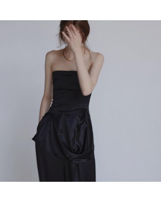 Belsize25 Black Silent Mode Series – Acetate Pearl Satin Draped Bandeau Top