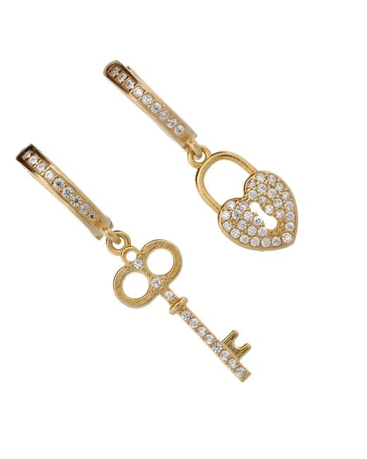 Ebru Jewelry Metallic My Heart Is Yours Key & Heart Lock Plated Diamond Earrings