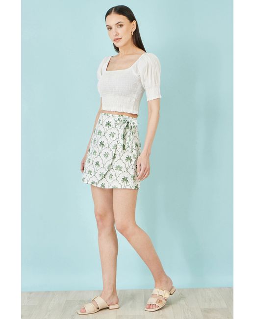 Yumi' White Palm Print Cotton Wrap Skirt
