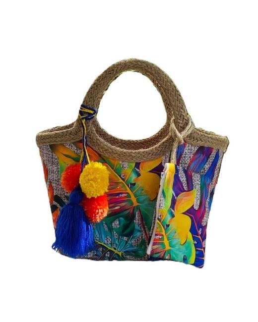 Springmoonatelier Blue Colorful Jute Straw Beach Bag With Tassels