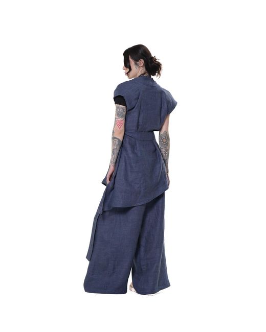 Metamorph Blue Linen Denim Tunic With Draped Collar