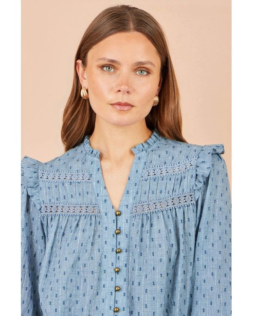 Yumi' Blue Cotton Lace Detail Shirt