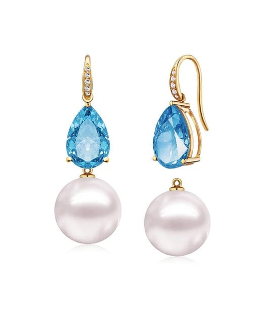 Kai Fine Jewelry Blue Solid Pear Natural Topaz Diamond & Freshwater Pearl Convertible Drop Earrings