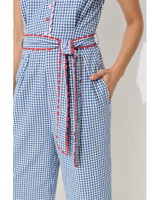 Louche Blue Marleen Gingham Ric Rac Trim Cropped Jumpsuit