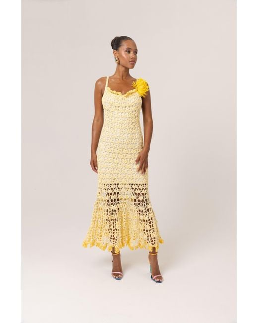 Andreeva Yellow Butter Chrysanthemum Midi Handmade Crochet Dress