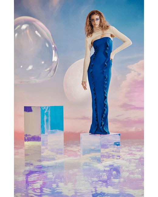 No'design Blue Ruffled Strapless Maxi Dress