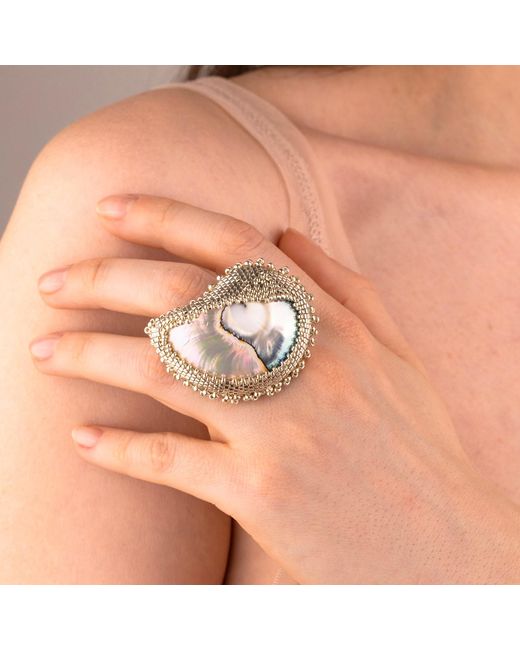 Oana Savu White Beaded Nautilus Seashell Shell Ring Adjustable Sterling