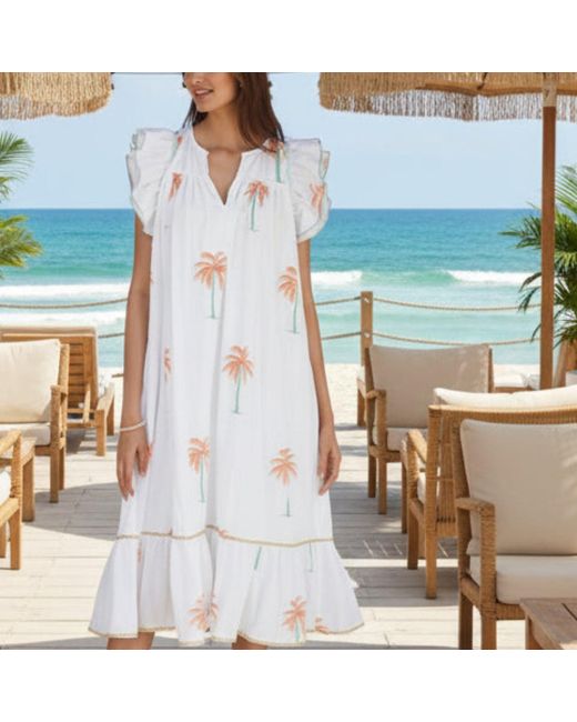 La Mandarine White Summer Dress, Floaty Cotton Summer Midi Dress With Pockets Palmeraie