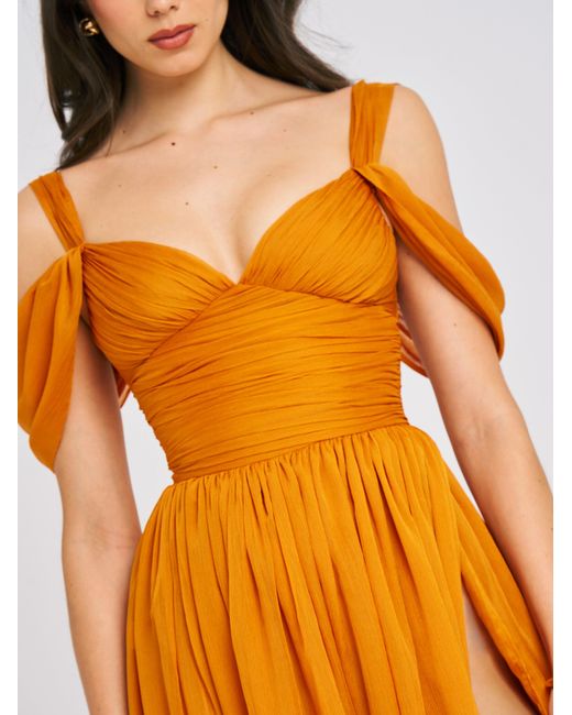 Miss Circle New York Orange Jelani Layered Mesh High-Slit Drape Maxi Dress