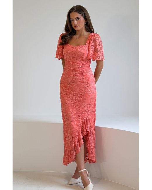 Girl In Mind Red Heidi Lace Ruched Midi Dress Coral