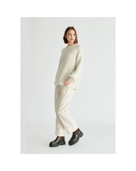 Paisie White Balloon Sleeves Jumper With Cable Details