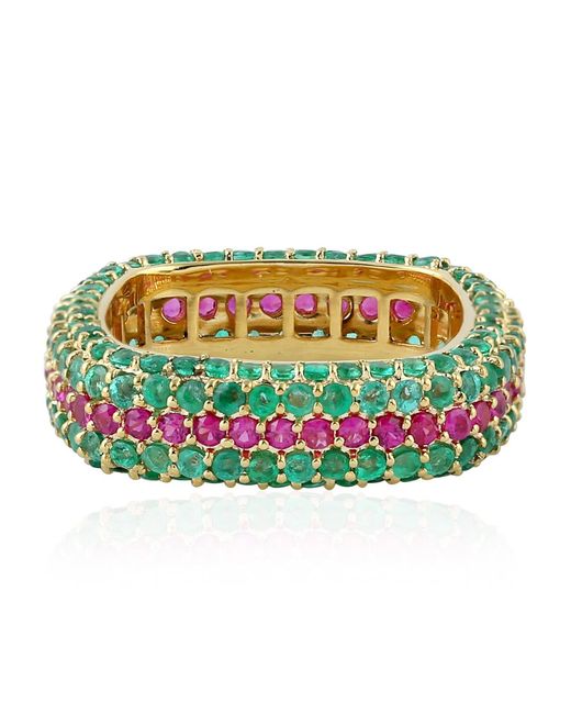 Artisan Green Solid Yellow Gold Natural Emerald Ruby Band Ring Handmade Jewelry