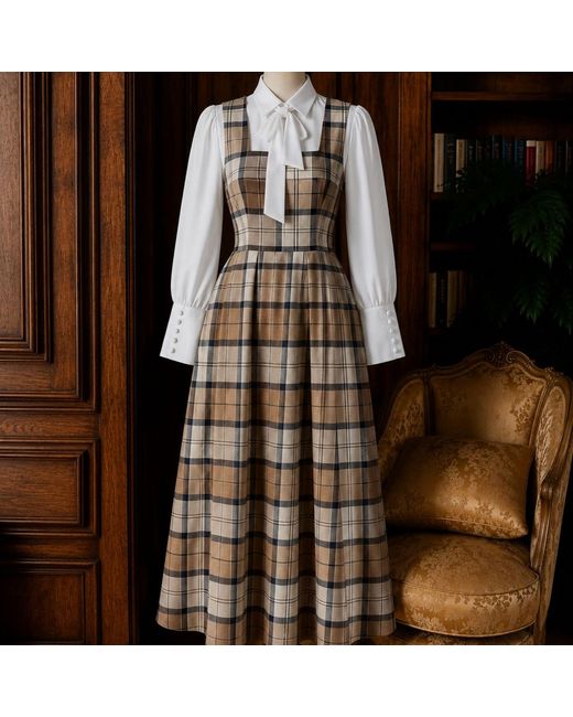 NUMBAT Brown Lavinia Pinafore Tartan Wool Midi Dress Broun
