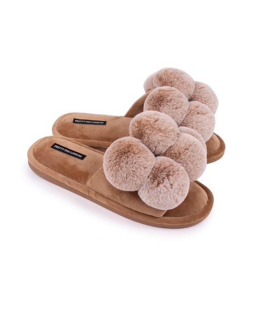 Pretty You London Brown Dolly Fun Pom Slider Slippers