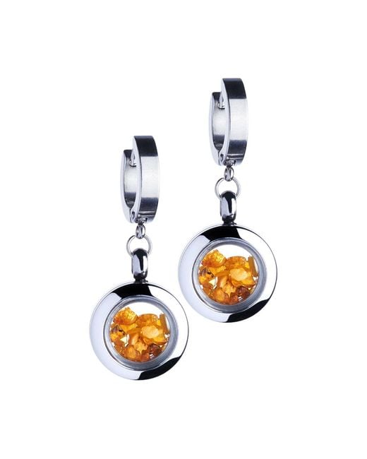 My Little Nature White Huggie Earrings With Natural Amber Stone