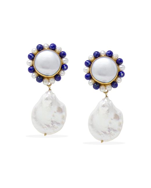 Vintouch Italy White Lotus Gold-plated Pearl And Lapis Earrings