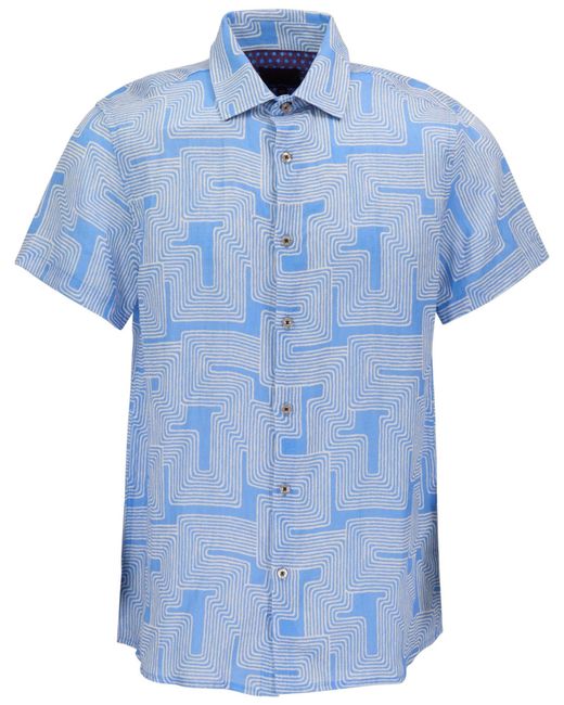 lords of harlech Men's Blue Landon Inter Twine Linen Button-Up Shirt