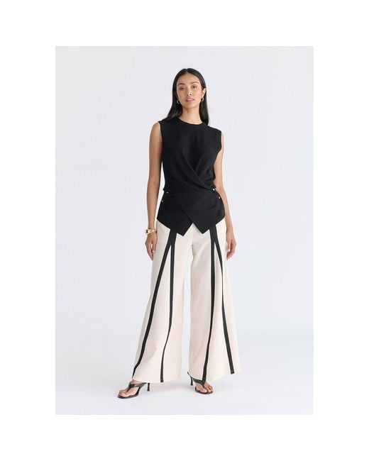 Paisie Natural Neutrals Contrast Detail Wide Leg Trousers