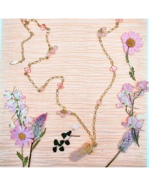 Farra Metallic Wire-Wrapped Rose Quartz Pendant With Watermelon Flower Long Necklace