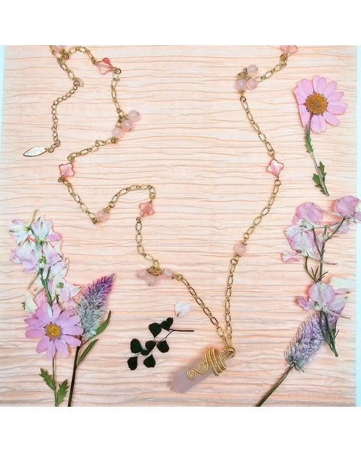 Farra Metallic Wire-Wrapped Rose Quartz Pendant With Watermelon Flower Long Necklace