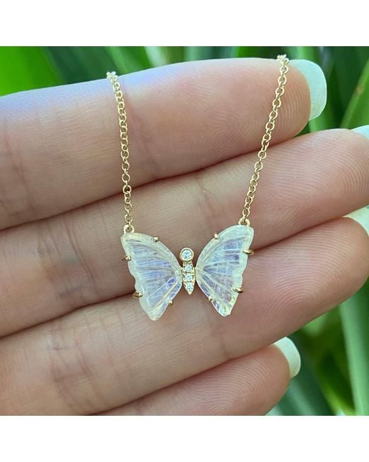 KAMARIA Metallic Moonstone Butterfly Necklace With Diamonds & Prongs
