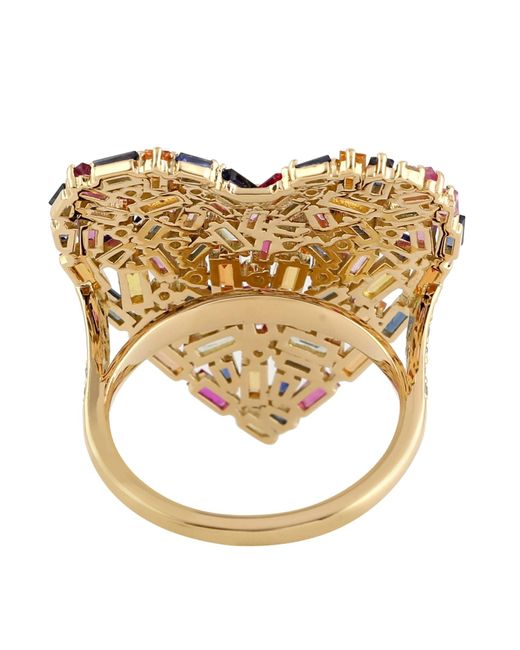 Artisan Blue 18k Gold Multi Color Baguette Sapphire & Ruby Prong Diamond Heart Shape Large Ring