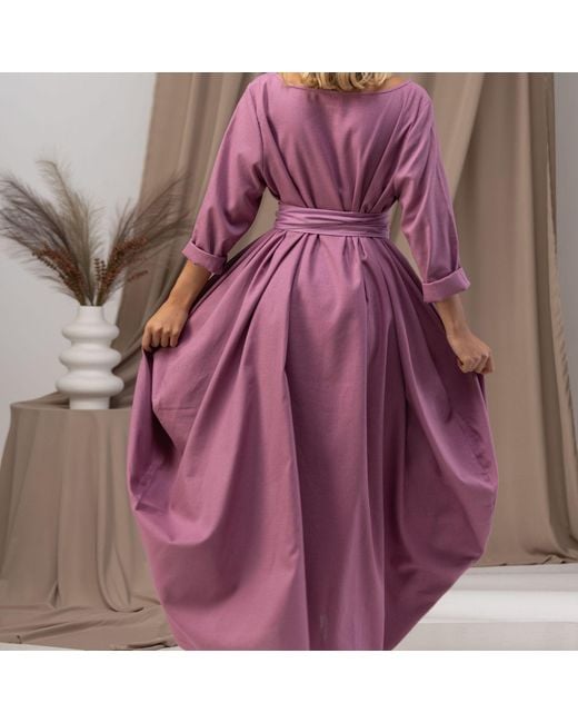 Nikka Place Pink Oversized Linen Maxi Dress With Belt And Bracelet Sleeves