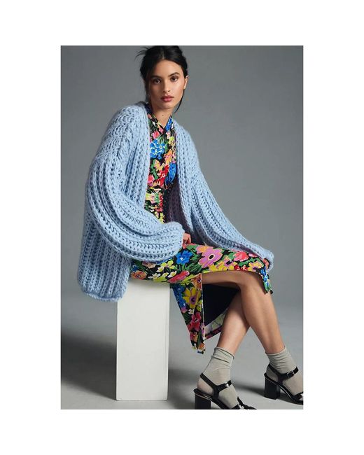 Saachi Blue Chunky Knit Oversized Sky Cardigan Sweater