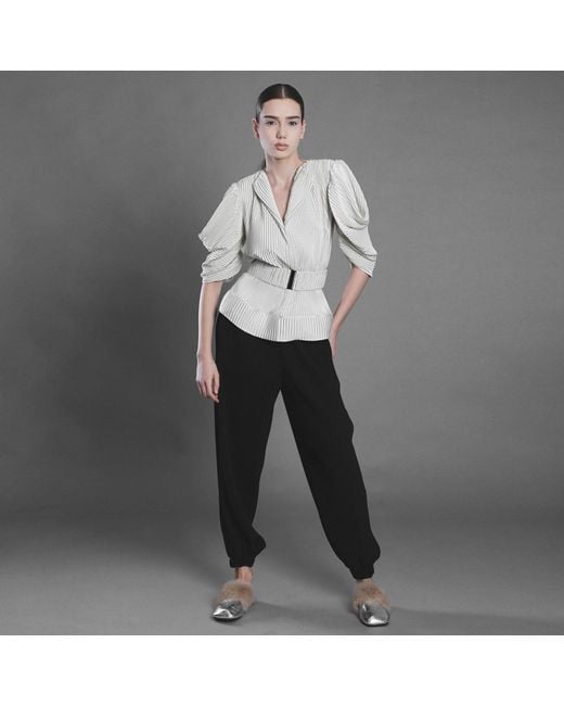 Silvia Serban Gray V-Neck Pleated Ivory Satin Blouse