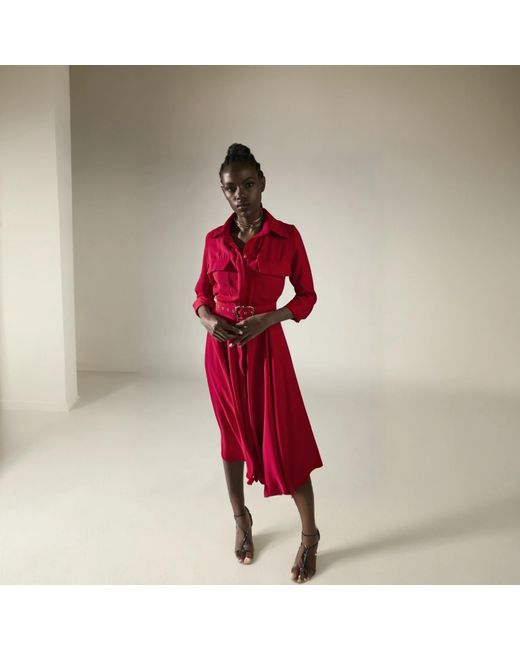 ALINA CERNĂTESCU Red Patty Sustainable Viscose Midi Dress With Pockets And Textile Belt