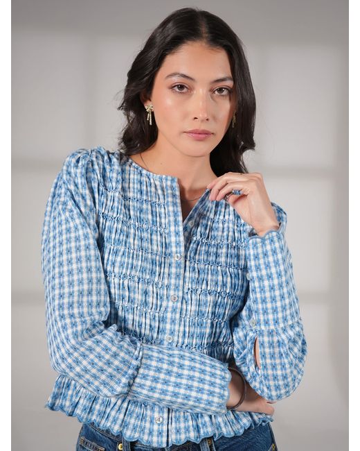 Rose & Nancy Blue Mary Cotton Gingham Check Smocked Blouse