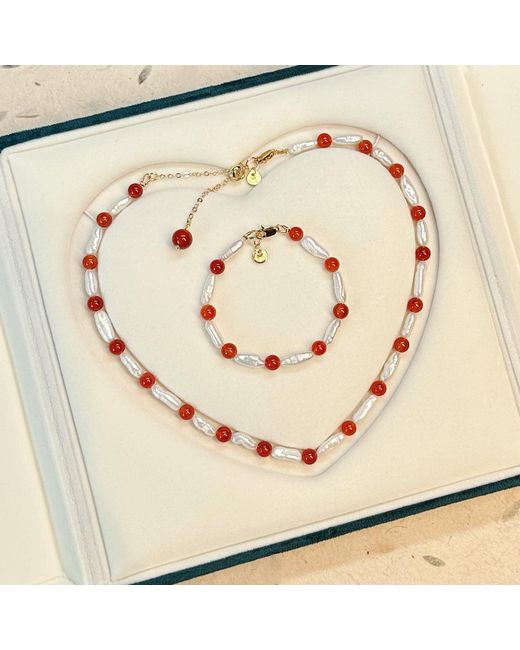 Ninemoo Red Agate & Lute Pearl Necklace