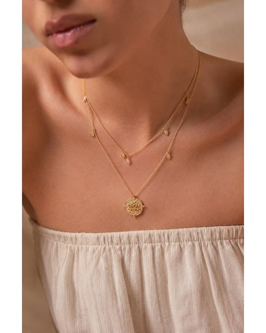 Aurozia Metallic Lotus Within Vermeil Detachable Double Layer Lotus Drop Coin Necklace