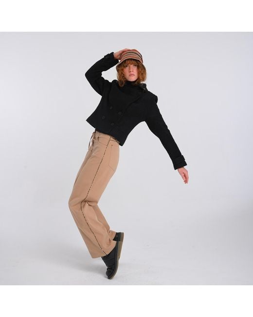 Lalipop Design Natural Neutrals Wide-Leg Tan Cotton Pants With Leopard Piped Trim
