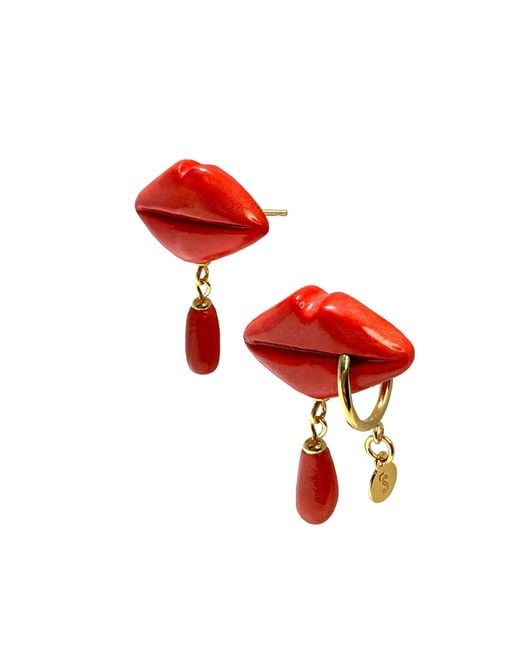 Sculp Red Pierced Kiss Lip Dangle Earrings