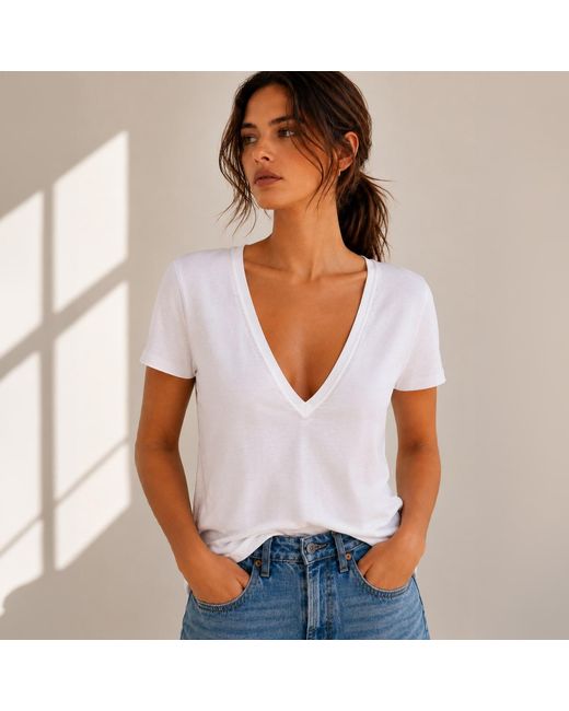 NOEND White Supima Cotton Plunge V-Neck Tee