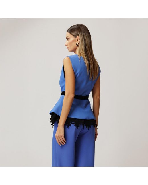 concept A trois Blue Royal Vest, Fitted With Peplum And Lace Details