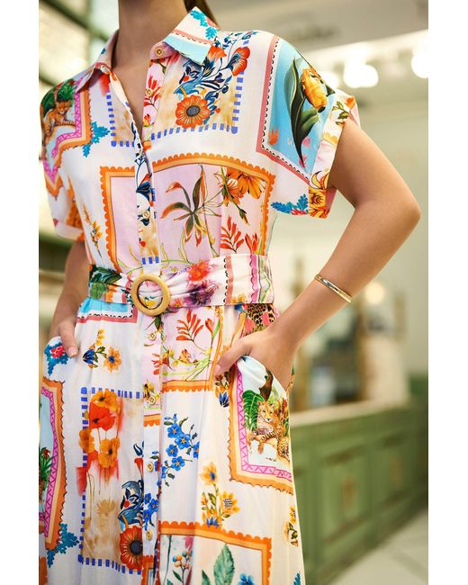 Yumi' Metallic Neutrals Ivory Tropical Postcard Print Relaxed Midi Shirt Dress