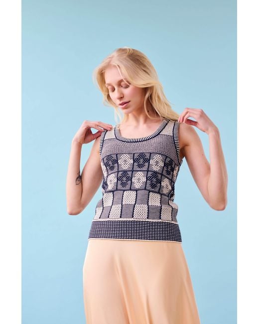 Gigi Knitwear Gray Lila Flower Check Tanktop, & Ivory