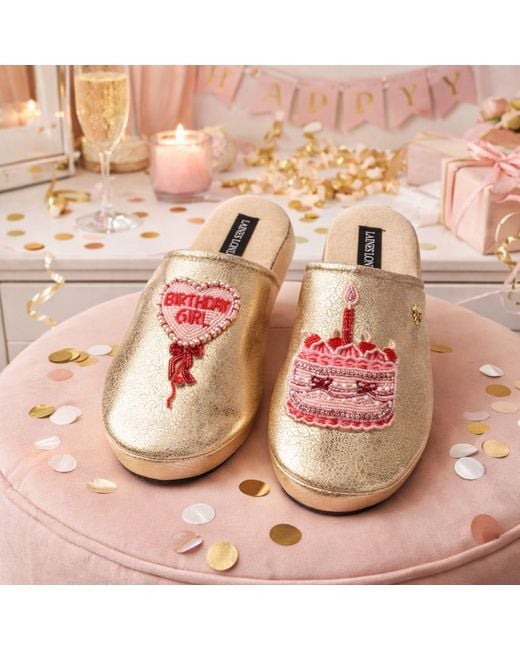 Laines London Pink Softie Slippers With Birthday Girl Brooches