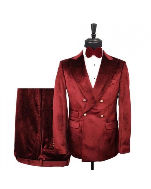 DAVID WEJ Red Maison Velvet Double Breasted Peak Lapel Two Piece Suit – Burgundy for men