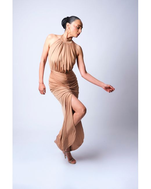 Monice London Natural Selene- Backless & Bra Friendly Halter Maxi Dress