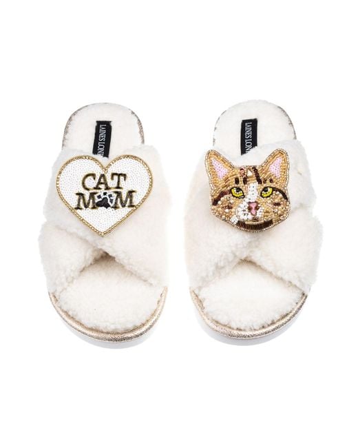 Laines London Metallic Neutrals Laines Neutral Boucle Slippers With Ginger Cat & Cat Mum/Mom Brooches
