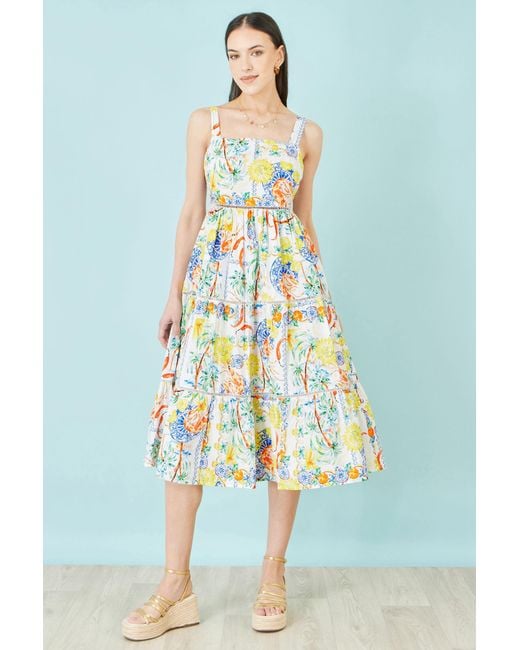 Yumi' White Mediterranean Print Cotton Midi Sun Dress