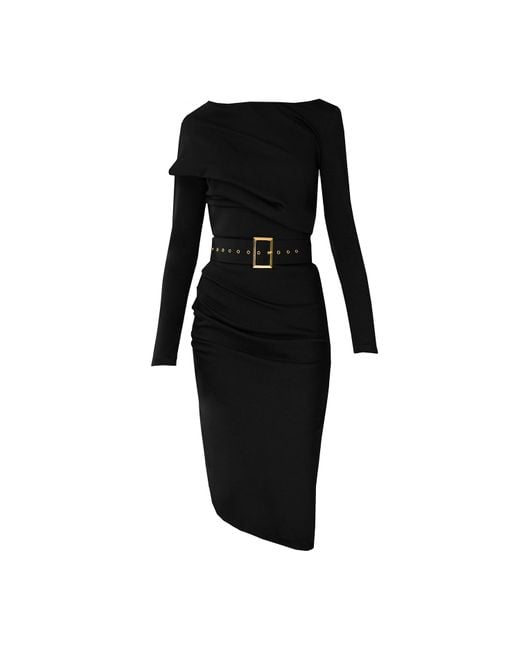 ALINA CERNĂTESCU Black Slide Midi Cocktail Dress With Asymmetric Skirt And Textile Belt