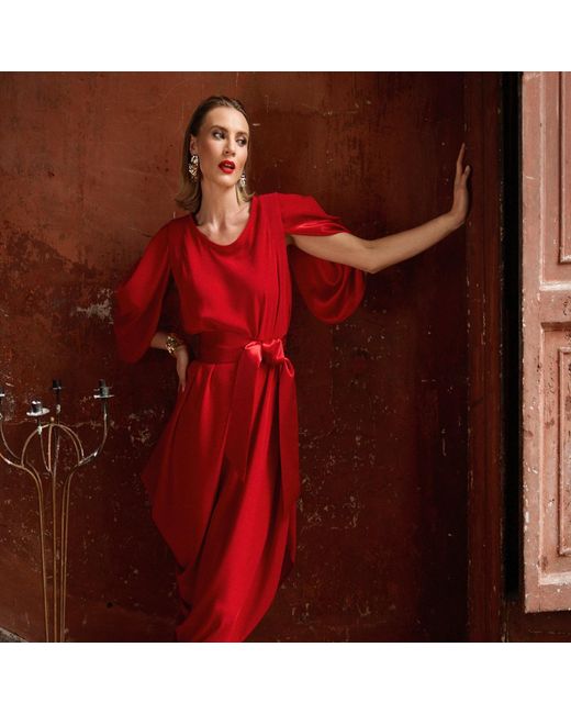 Monessa Joan Red Draped Dress With Detachable Sleeves
